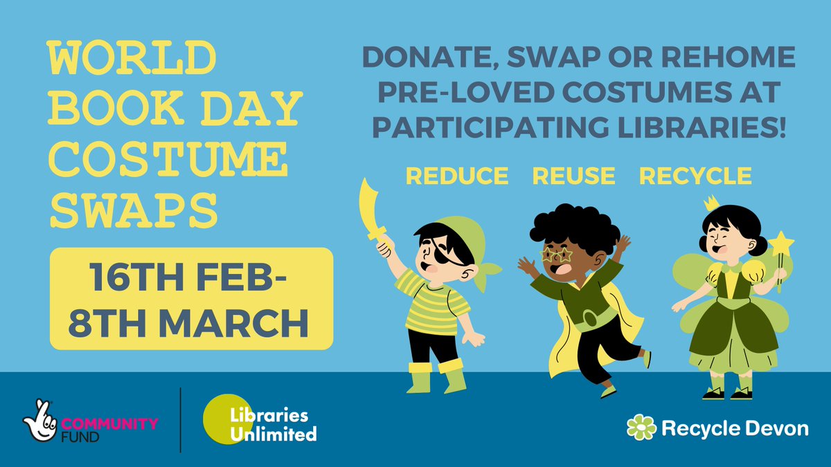 RecycleDevon's tweet image. World Book Day is nearly here! 📚✨

There’s still time to visit participating libraries' swap rails before the big day!
🦸‍♀️ Donate
🔄 Swap
🏡 Rehome

All FREE — no donation needed to take a costume!
Find participating libraries ⬇️
tinyurl.com/WBD-Costume-Sw…

#WorldBookDay #reuse