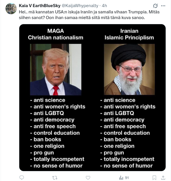 Aina on järkevää etsiä yhteisiä intressejä.

Joskus poliittisilla ääripäillä on sama tavoite. Näitä matalalla roikkuvia hedelmiä kannattaa poimia, jotta saadaan aikaiseksi asioita.

Hyvä Kaia!