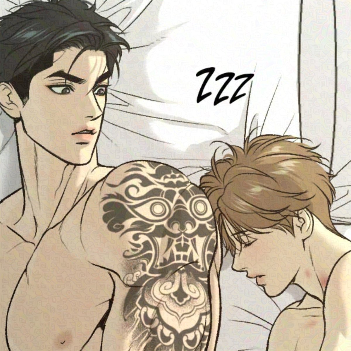 Tefy242's tweet photo. I love it when they wake up surprised and still pause for a moment to watch the other sleeping peacefully…🩶🩶🩶

#징크스  #Jinxmanhwa #JINX CH44/ CH93 https://t.co/6eV8adgShc