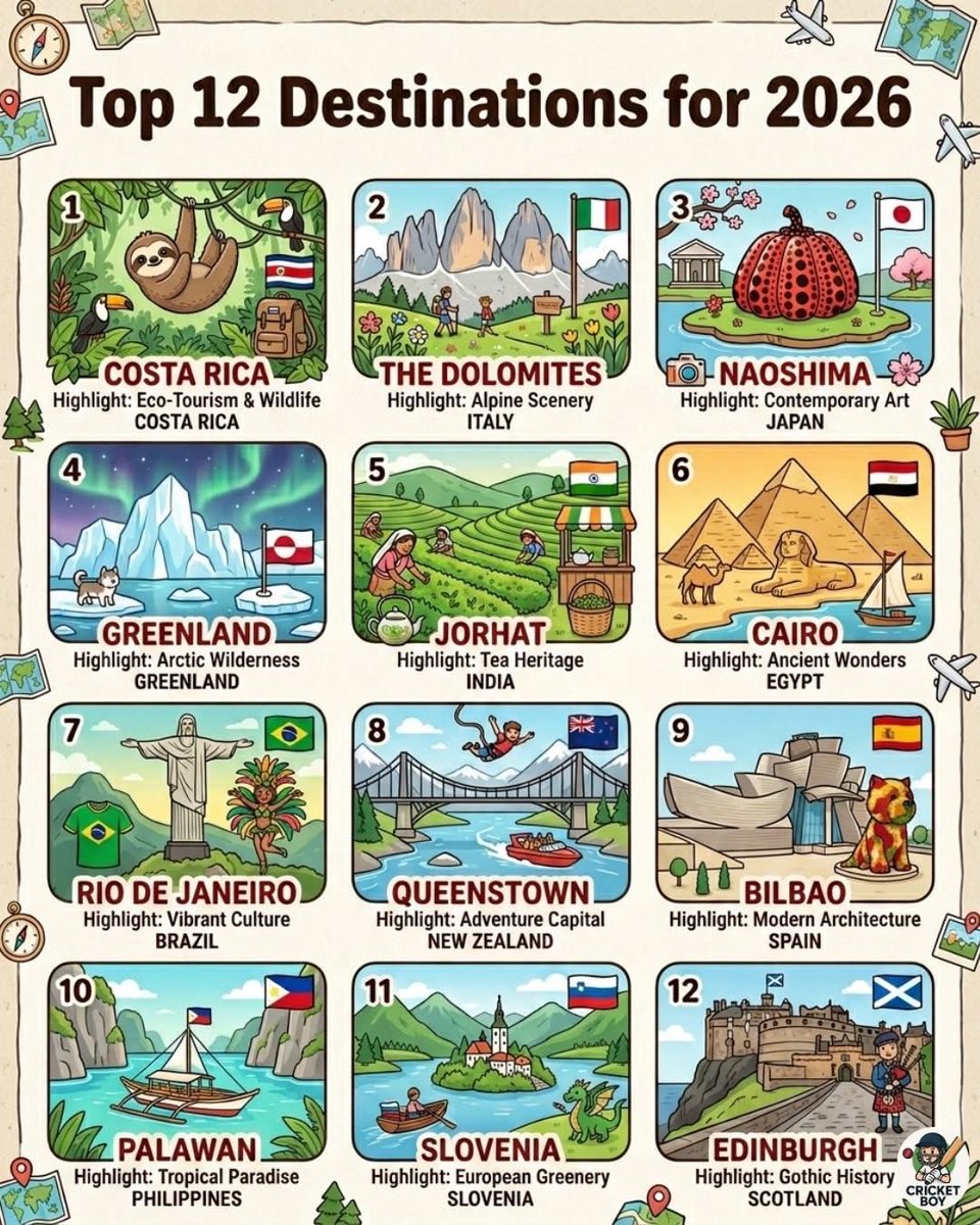 CataPaul2's tweet photo. 🌍 Top 12 destinations for 2026 ✈️🗺️

1.🇨🇷 Costa Rica
Highlight: Eco-Tourism & Wildlife

2.🇮🇹 The Dolomites, Italy
Highlight: Alpine Scenery

3.🇯🇵 Naoshima, Japan
Highlight: Contemporary Art

4.🇬🇱 Greenland
Highlight: Arctic Wilderness

5.🇮🇳 Jorhat, India
Highlight: Tea Heritage

6.🇪🇬 Cairo, Egypt
Highlight: Ancient Wonders

7.🇧🇷 Rio de Janeiro, Brazil
Highlight: Vibrant Culture

8.🇳🇿 Queenstown, New Zealand
Highlight: Adventure Capital

9.🇪🇸 Bilbao, Spain
Highlight: Modern Architecture

10.🇵🇭 Palawan, Philippines
Highlight: Tropical Paradise

11.🇸🇮 Slovenia
Highlight: European Greenery

12.🏴󠁧󠁢󠁳󠁣󠁴󠁿 Edinburgh, Scotland
Highlight: Gothic History

🖇️ Source: Cricket Boy 🏏