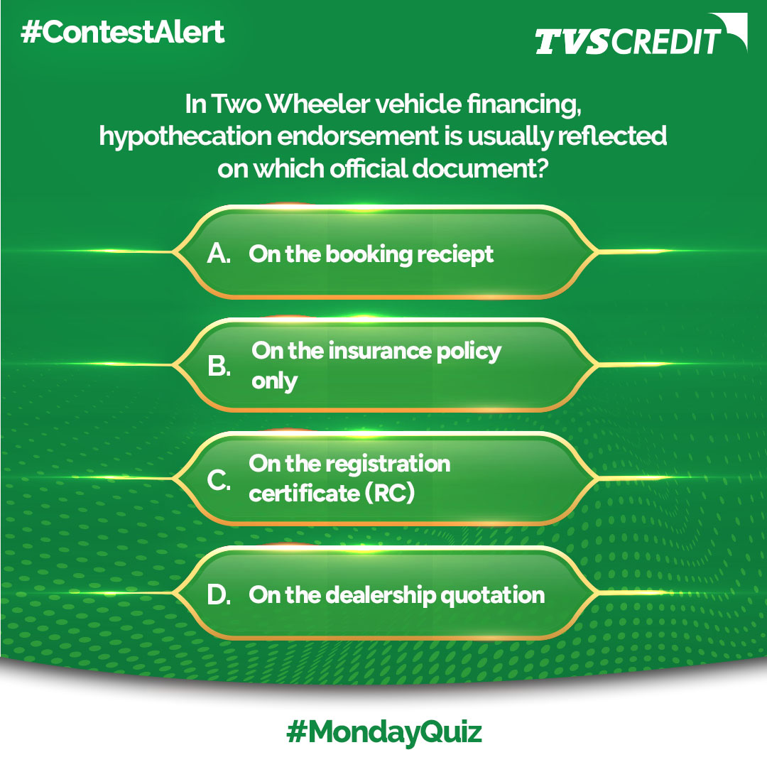 TVSCredit's tweet image. Think you know how Two Wheeler Loans really work? Put your knowledge to the test with this #MondayQuiz

Comment your answer below and find out who truly understands the details behind smart borrowing. 

Don't forget to tag someone who should take this challenge too!

#MondayQuiz