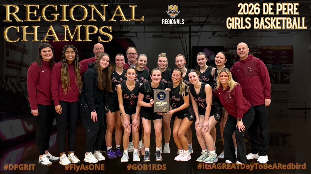 DPGirlsBB's tweet photo. Proud of our GROWTH 📈in WINNING De Pere Girls Basketball's 21st WIAA REGIONAL CHAMPIONSHIP👏ALL IN ✊as we focus &amp; prepare for SPASH on Thursday which will be hosted at Pulaski High School 😎MOVING THE NEST WEST🚍🪹#GOB1RDS #FlyAsONE #DPGRIT #DPWAY #TeamFinance #Play4EachOther https://t.co/dU6xjVSbFv