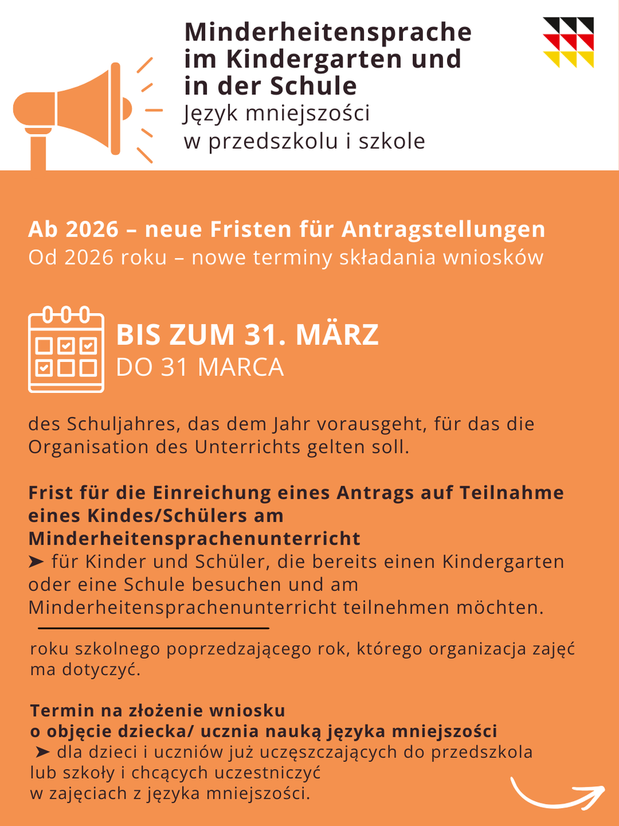 Deutsche_in_PL's tweet photo. 🇩🇪📢 Unterricht Deutsch als Minderheitensprache – wichtige #Fristen!

🇵🇱📢 Nauka języka niemieckiego jako języka mniejszości narodowej – ważne #terminy!

https://t.co/qwPSEz9QKb

@NiemcywPolsce https://t.co/DsyOqJEotl