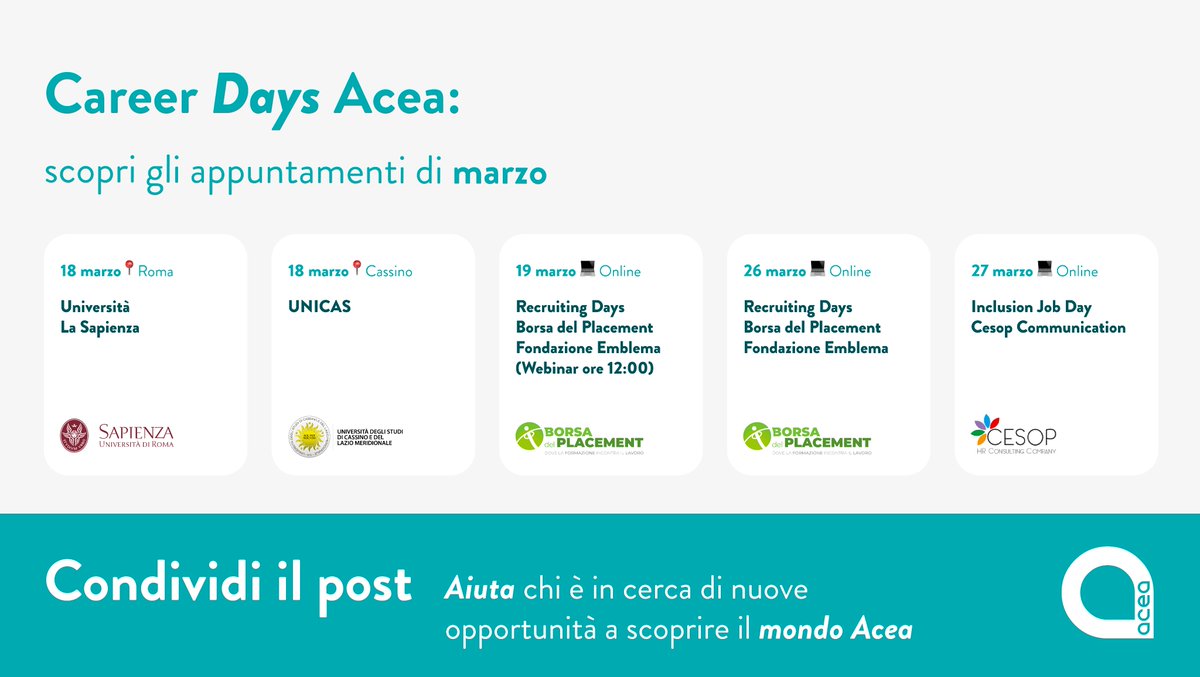 Tornano i Career Days Acea!

Un’occasione per incontrare il nostro team HR, raccontarti chi siamo e rispondere alle tue domande.

🎓 Ecco gli appuntamenti del mese:
18 marzo – Università La Sapienza
18 marzo- UNICAS (Cassino)
19 marzo – Recruiting Days (Webinar ore ) Online –