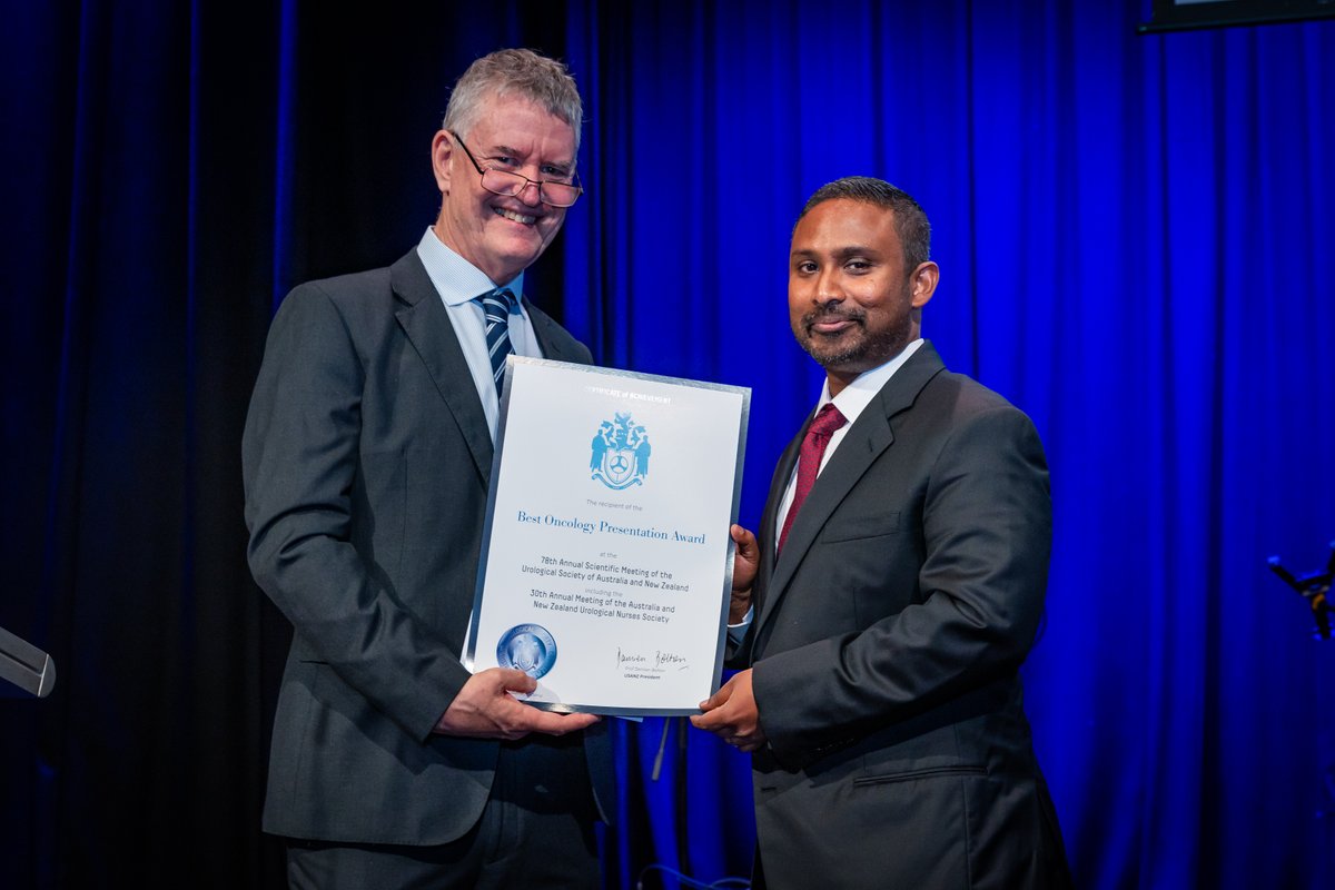 USANZUrology's tweet photo. The Best Oncology Presentation Award was presented at #USANZ26. The recipient is invited to deliver the USANZ Lecture at the @ANZUPtrials ASM. This year's recipient is @Weranja for his work on Cxbladder triage and urothelial carcinoma detection in patients with haematuria. https://t.co/0VwAHldxxI