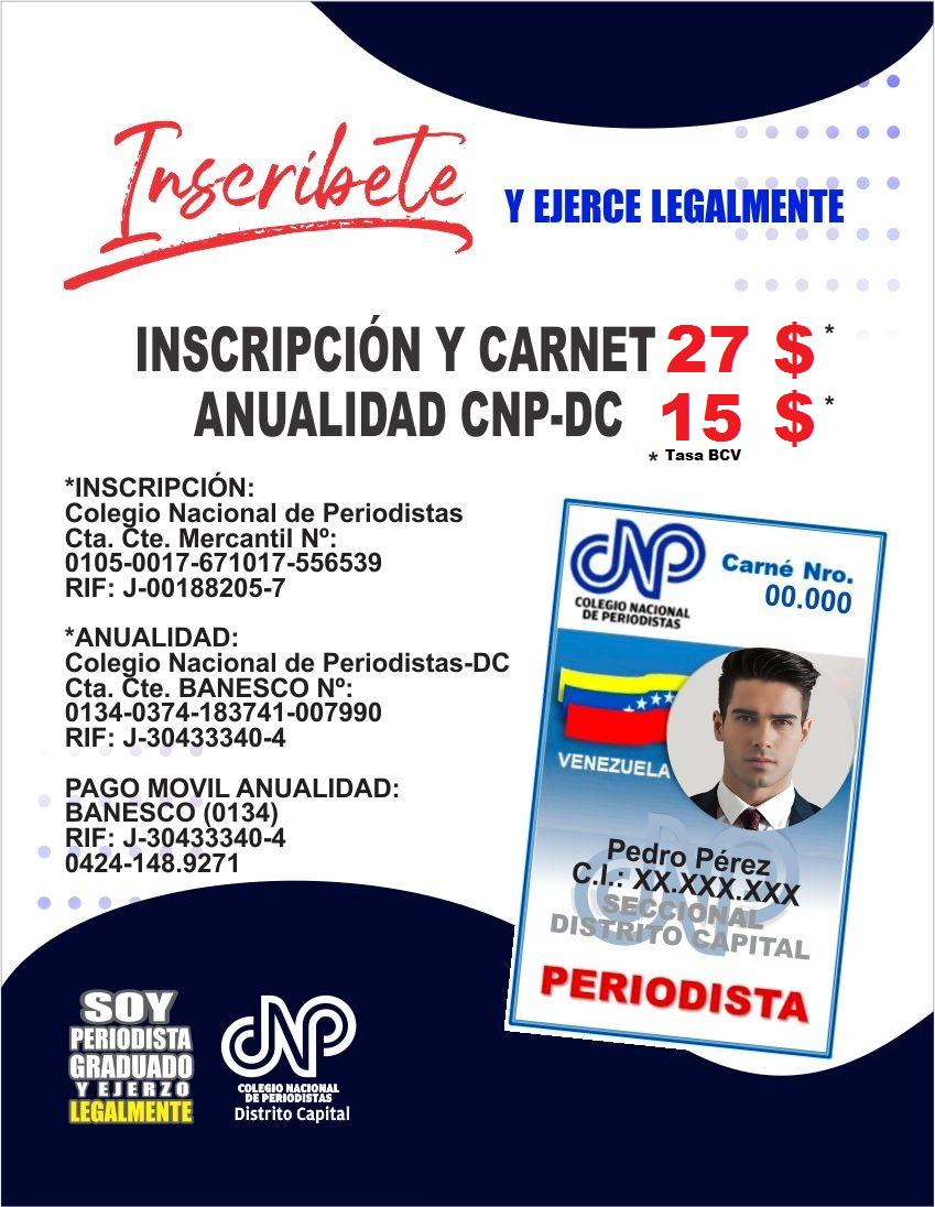 ¿Eres periodista en Venezuela? 
 El ejercicio legal de nuestra profesión exige la inscripción en el CNP. 

Estar en <a href="/CNPCaracas/">CNP Caracas</a> te brinda: ✅ Respaldo gremial ✅ Formación continua ✅ Defensa de la libertad de prensa
¡Inscríbete! 📧 info: cnpcaracas.ve@gmail.com

 #CNPCaracas