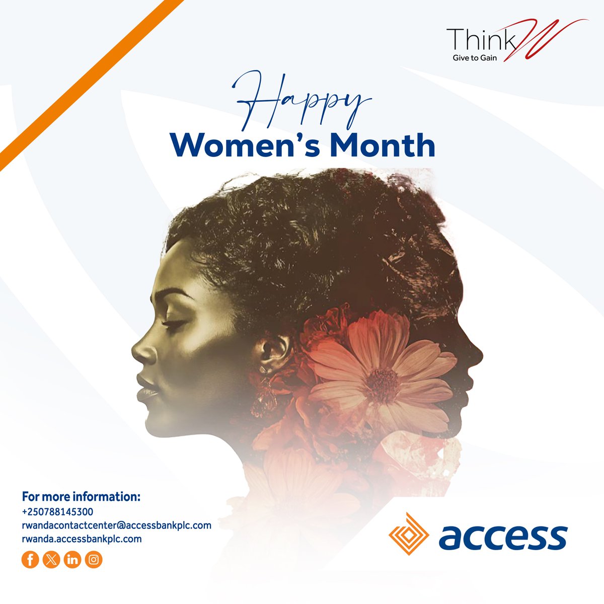accessbankrw's tweet photo. WELCOME TO WOMEN’S MONTH! This month, we celebrate every woman who inspire, nurture, sacrifice and lead  because when women give, the world gains. 
#GivetoGain #GainWithAccess #accessbankrwandaplc #womensmonth https://t.co/6lGE7ebNIq