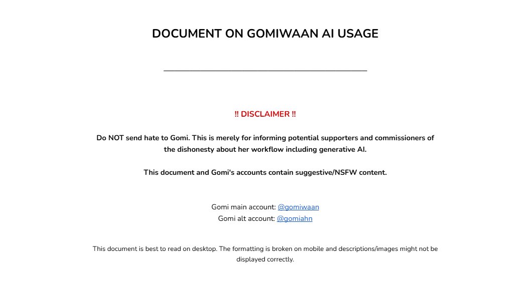 EthicalArtHub's tweet photo. Transparency Registry Update 📢   
Account : @gomiwaan 
AI Usage / Conduct Concerns
Google Doc -> https://t.co/l3F06pLeUQ
Google Doc 2 - > https://t.co/uyO3bLSTSa
The List -> https://t.co/juRUnBzK8W *Documentation only. Not a legal determination. No harassment.* https://t.co/5Z6Zi3xFDN
