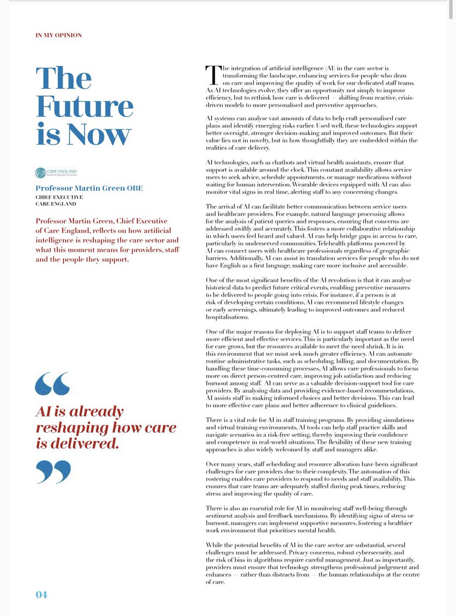 CareTalkMag's tweet photo. In this issue: 𝐓𝐡𝐞 𝐅𝐮𝐭𝐮𝐫𝐞 𝐢𝐬 𝐍𝐨𝐰

@ProfMartinGreen @CareEngland reflects  on how AI is reshaping care—and what this moment means for providers, staff, and the people they support

https://t.co/1KolGcCoNj PG 4
#ThankYouSocialCare https://t.co/fjFAt4qVWc