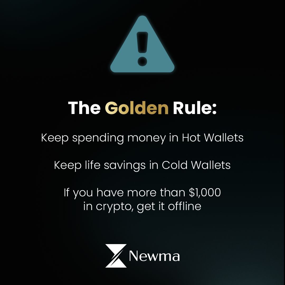 Newma_Capital's tweet photo. You don't own your crypto.
Hot Wallets: Connected. Fast. Risky. (For Spending)
Cold Wallets: Offline. Slow. Secure. (For Savings)
The Rule: If you hold more then $1,000, get it offline. Don't wait for a hack to learn this.
#Newma #selfcustody #coldstorage #crypto https://t.co/sV4sLU1XPd