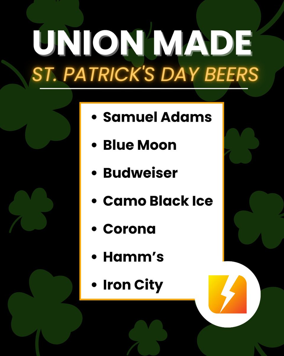 ElectricTV's tweet photo. This St. Patrick’s Day, raise a glass that supports union workers. ☘️🍺

Choosing union-made products helps protect fair wages, safe workplaces, and strong communities across the country.

Before you stock the cooler, check the label — and support the workers behind the product. https://t.co/8COdDxss8A