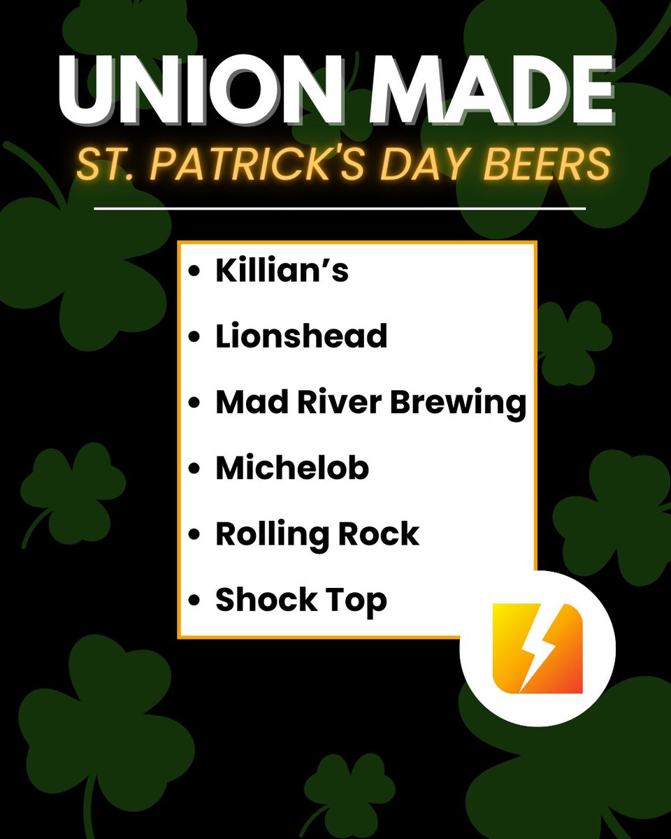 ElectricTV's tweet photo. This St. Patrick’s Day, raise a glass that supports union workers. ☘️🍺

Choosing union-made products helps protect fair wages, safe workplaces, and strong communities across the country.

Before you stock the cooler, check the label — and support the workers behind the product. https://t.co/8COdDxss8A