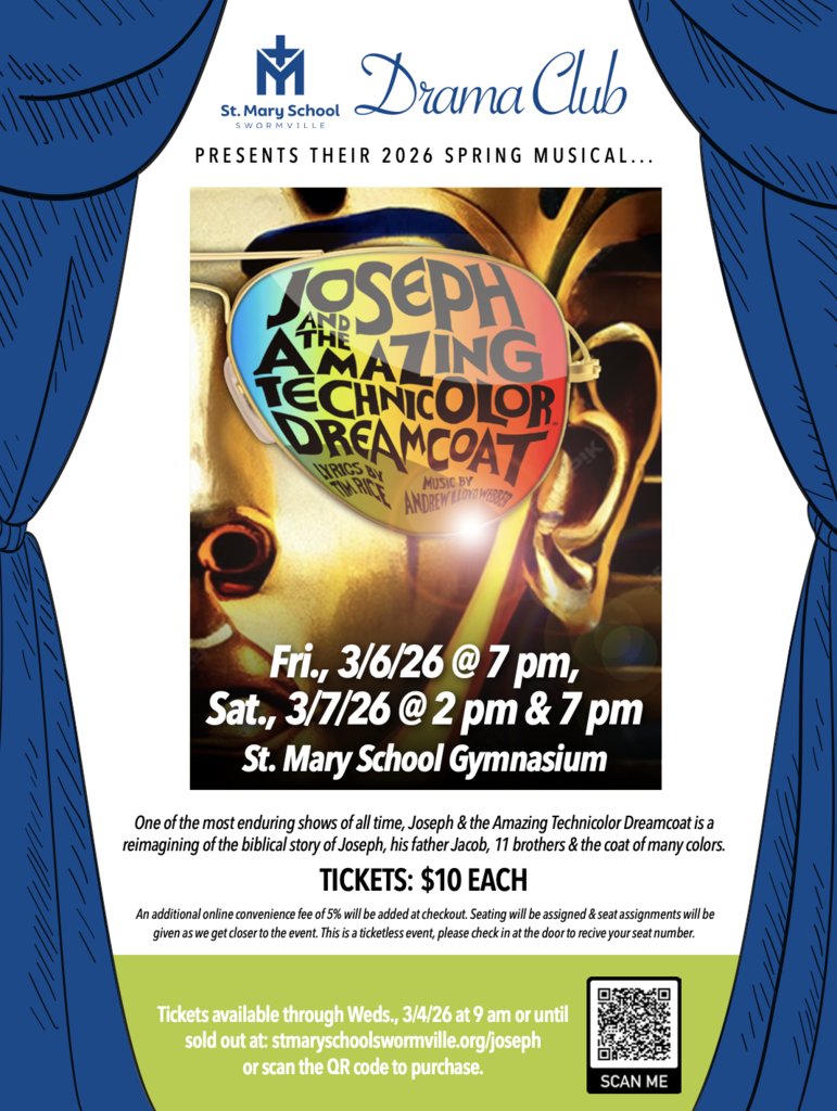 SMSSwormville's tweet image. Last call for tickets to our Spring Musical! TICKETS: $10 EACH

• 3/6/26, 7 pm - SOLD OUT
• 3/7/26, 2pm - LESS THAN 10 TICKETS LEFT!
• 3/7/26, 7pm - LESS THAN 40 TICKETS LEFT!

stmaryschoolswormville.org/joseph 

#gogogoJoseph #TechnicolorDreamcoat #DramaClub  #SMStheplacetoBEE