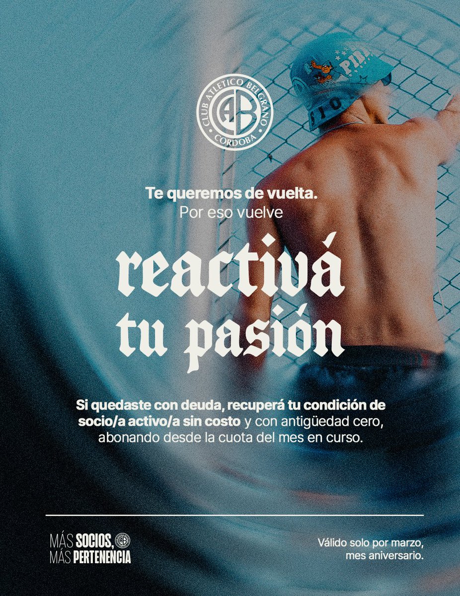 Belgrano's tweet photo. #ReactiváTuPasión: ¡Te queremos de vuelta! 🏴‍☠️🩵

🫶 Si estás dado/a de baja por deuda, durante el mes aniversario de marzo tenés la chance única de recuperar tu condición de socio/a activo sin costo y con antigüedad cero; solo pagando la cuota social en curso.

🪪🏟️ Así, vas a acompañar activamente el crecimiento del Club, podrás activar tu ubicación en cada partido de local, participar de las #ExperienciasBelgrano, disfrutar de todos los beneficios, los descuentos de Club La Voz y pasar a ser Prioridad 3 en el próximo torneo.

📲 Hacelo ahora de manera sencilla en https://t.co/Vr1KJt43br, ingresando al botón de Reactivá tu Pasión. Si debés 4 o 5 cuotas, tramitalo en la Sede o a través del 📞 0810 345 1322.

👍 Recordá que adhiriéndote al débito automático tenés un 15% de descuento sobre la cuota de cada mes. ✅ Y un 25% extra si lo hacés con tarjeta de Banco Macro.

ℹ️ https://t.co/s2IC0xNHV5

🙌 #Belgrano crece con su gente, por eso te queremos de vuelta.
Reactivá tu Pasión. ¡Vamos juntos por #MásSociosMásPertenencia!