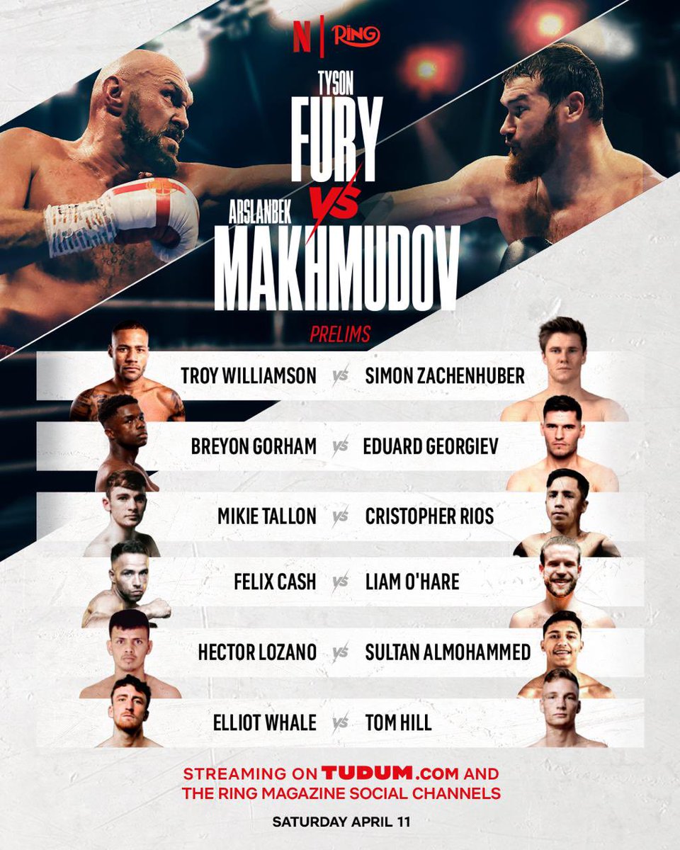 The Fury vs Makhmudov card is STACKED with some heavy hitters 🥊🔥

#FuryMakhmudov presented by <a href="/ringmagazine/">Ring Magazine</a> | April 11th | LIVE on Netflix | Prelims on The Ring’s socials and Tudum.com | Tottenham Hotspur Stadium | bit.ly/Fury-Makhmudov…