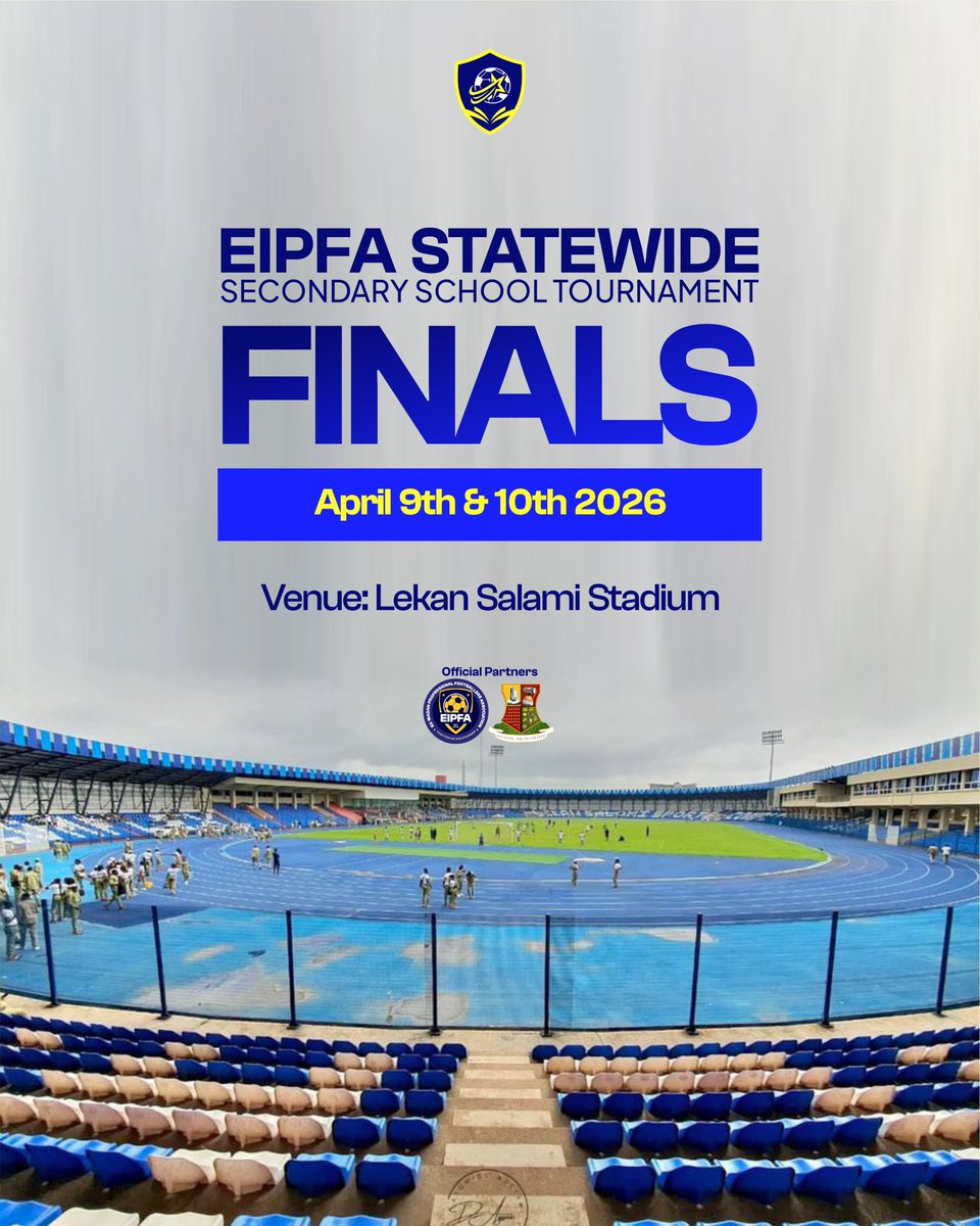 eipfassst's tweet photo. Official Update 🚨

The EIFPA Statewide Secondary School Tournament Final has been rescheduled due to the upcoming Eid al-Fitr celebration.

New Dates: April 9th &amp; 10th
Venue: Lekan Salami Stadium

We appreciate the understanding.
#EIFPA #StatewideFinal #SecondarySchoolFootball https://t.co/0s2KwJj6jK