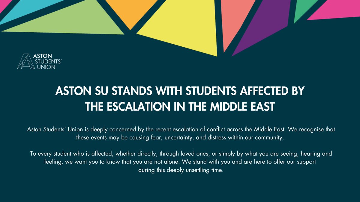 aston_union's tweet photo. Aston Students' Union is deeply concerned about the recent escalation of conflict in the Middle East and its impact on our students. We stand with all students affected and offer our support during this difficult time.

Read the full statement here 👉 https://t.co/u4s7F2hGKT https://t.co/z6qvnmXZV9