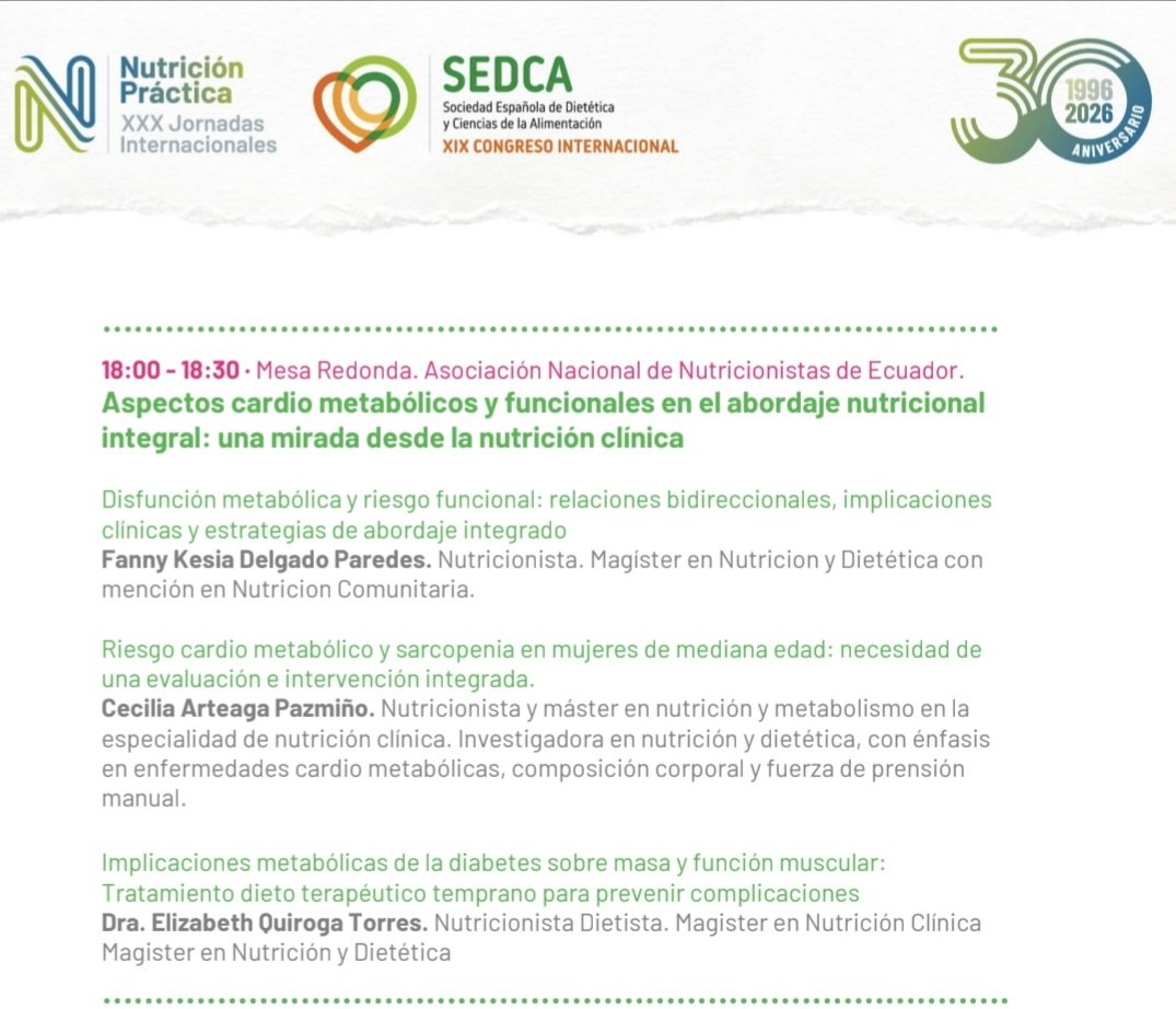 CeciliaArteag's tweet photo. El 15 de abril participaré en una mesa redonda del XIX Congreso Internacional de la Sociedad Española de Dietética y Ciencias de los Alimentos. 🤓✨️
Analizaremos la importancia de la evaluación integrada del riesgo cardiometabólico y la sarcopenia en mujeres de mediana edad. 🧑‍🦳 https://t.co/yauP5YKTv5