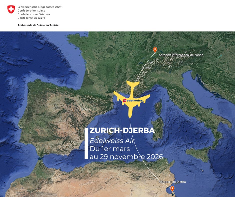 AmbSuisseTunis's tweet image. Depuis le 1er mars, #EdelweissAir relie #Zurich à #Djerba. La ligne sera opérée jusqu’au 29.11.26 selon un calendrier saisonnier.
Une excellente nouvelle pour renforcer les liens 🇹🇳-🇨🇭 et faire découvrir Djerba et le sud tunisien aux voyageurs suisses !