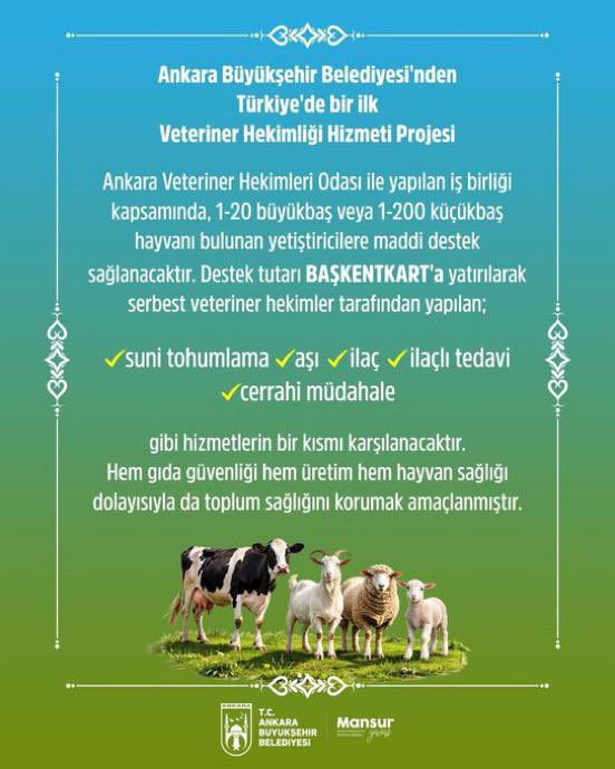 Ankara Büyükşehir Belediyesi, Türkiye’de bir ilk olan ‘Veteriner Hekimliği Hizmeti Projesi’ ile yetiştiricilere veteriner hizmetleri desteği sağlıyor. <a href="/mansuryavas06/">Mansur Yavaş</a> 🇹🇷 

Başvuru Tarihleri: 20 Şubat – 11 Mart 2026

Başvuru: 👇

baskenttarim.ankara.bel.tr