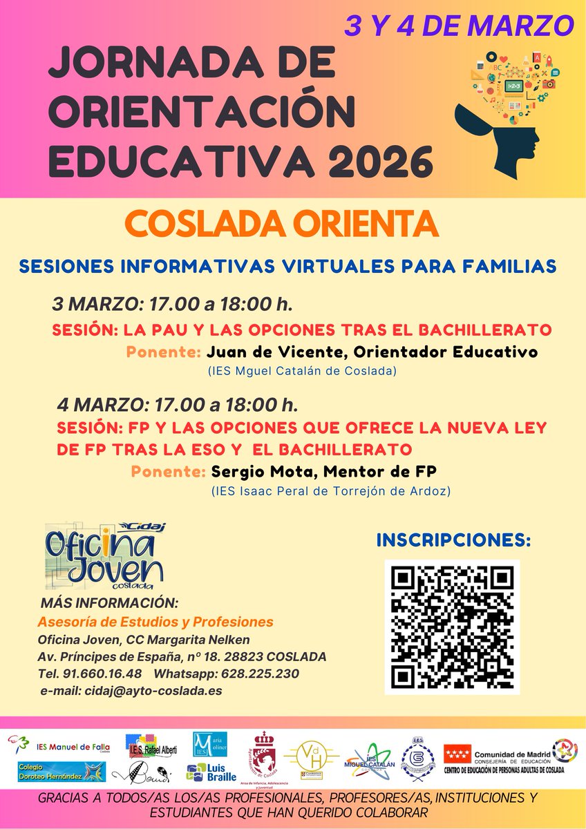 📣📣 El Área de #Juventud de #Coslada organiza las Jornadas de Orientación Educativa junto a los IES del municipio
ℹ️ Sesiones on line para familias sobre la prueba de acceso a la universidad y la formación profesional. 
🗓 3 y 4 de marzo

ℹ️ Info ➡️ acortar.link/FwVryC