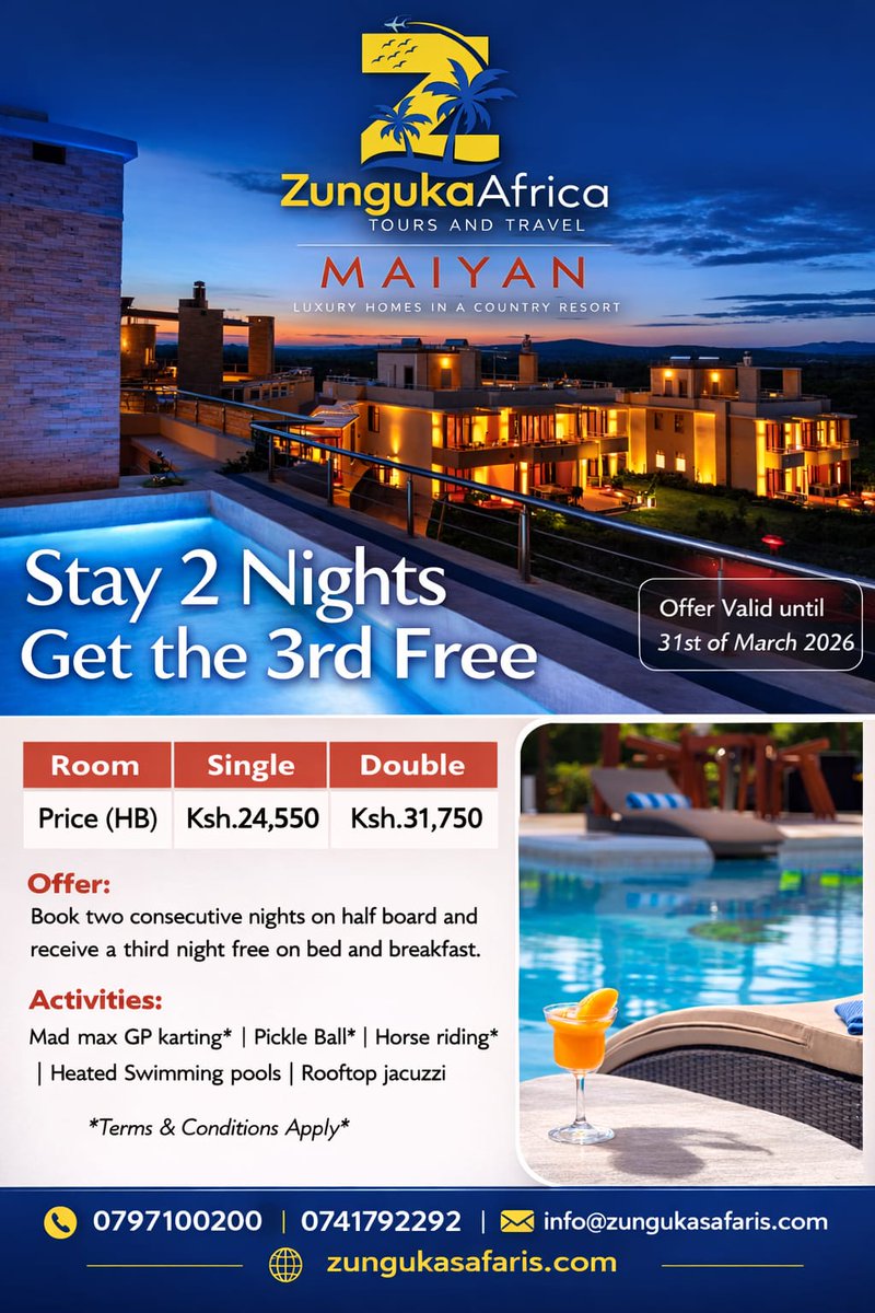 This month of March we want you to experience Maiyan in totality that's why you get to pay for two nights and get the third absolutely FREE.

Book with us today :
📞0797100200/0741792292
📧info@zungukasafaris.com 

#ZungukaAfricaSafaris #zungukaexperience #maiyan  #vacation