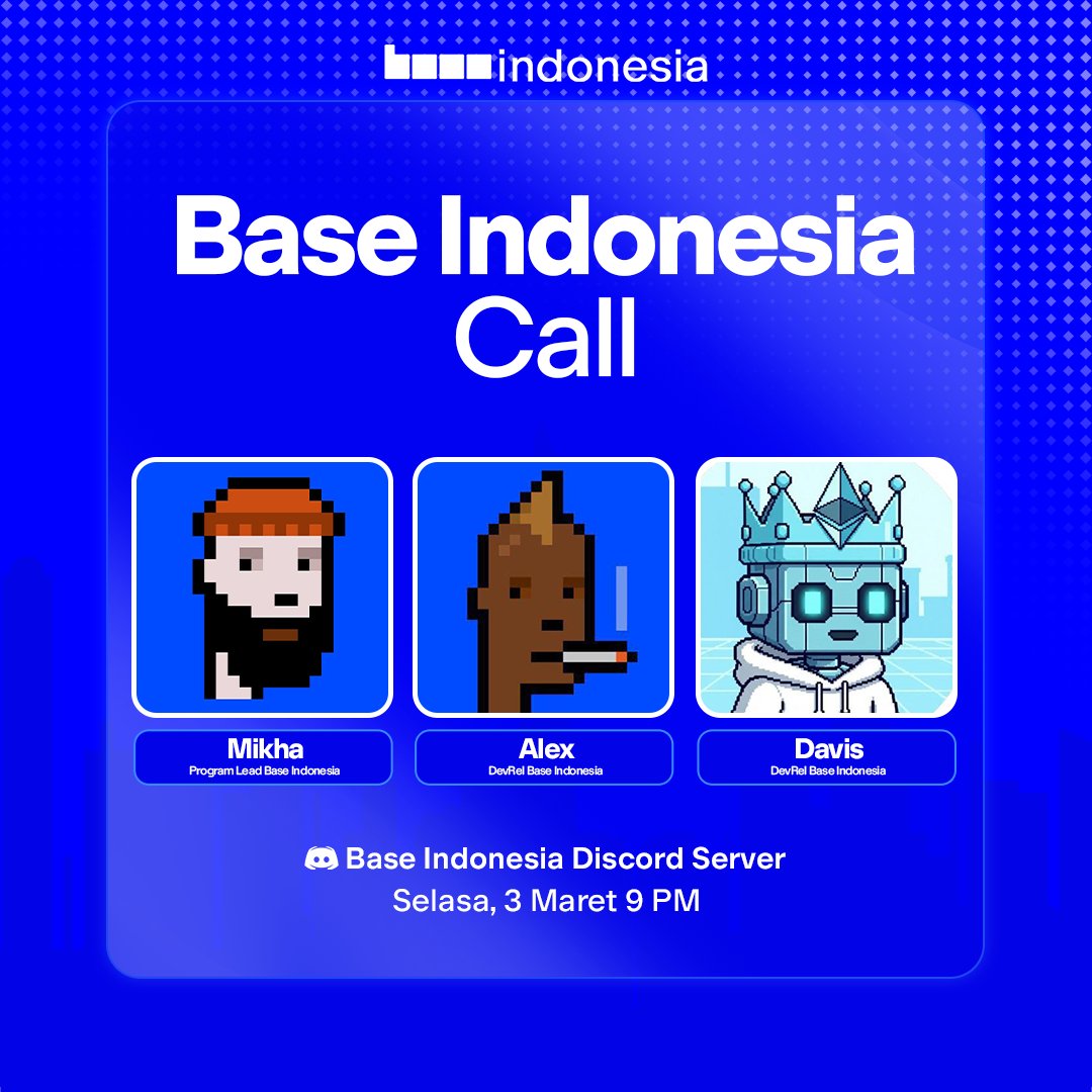 📌 BaseIndo Call

Selasa, 3 Maret · 21.00 WIB
Discord BaseIndo: discord.gg/hU9RPNSYvw

Kita bakalan bahas: 
→ Cara masuk ke Base Batches 003 
→ Onboard project kamu ke base.dev 

Seru banget kan? 🤩 See ya!
<a href="/samuelmchael/">mikha.base.eth</a> <a href="/davis_kelvin_/">daviskelvin.base.eth 🇮🇩</a> <a href="/alexmuhammaddd/">alexmuh.base.eth🇮🇩</a>