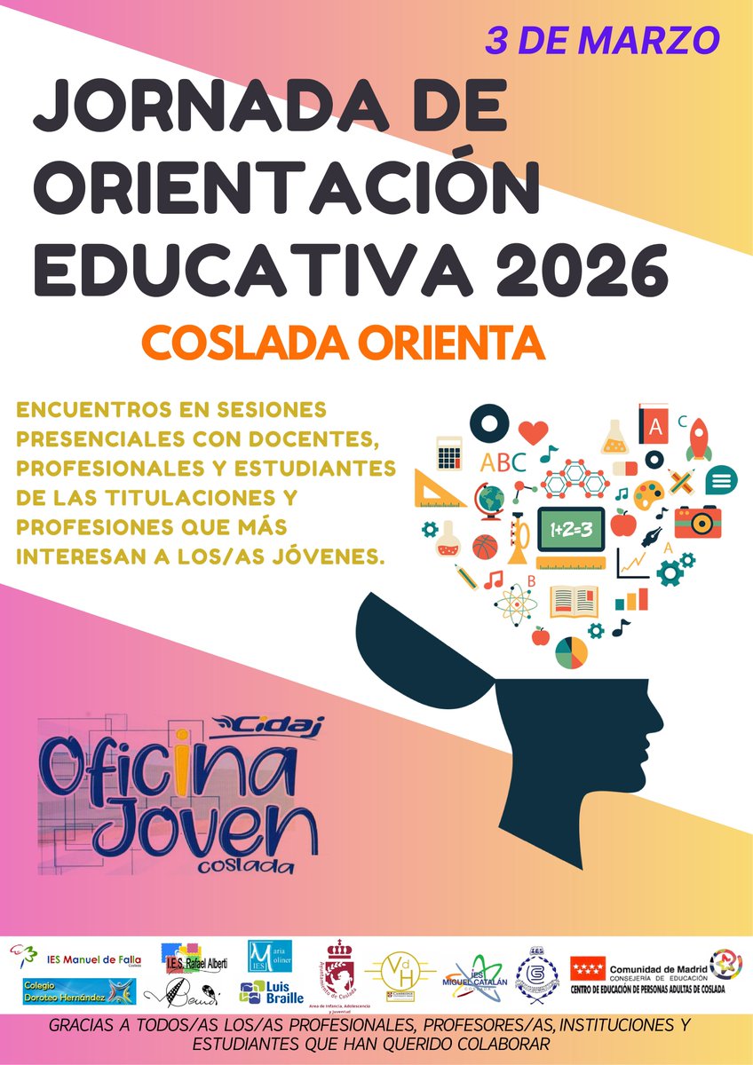 📣El Área de #Juventud de #Coslada organiza las Jornadas de Orientación Educativa junto a los IES del municipio
ℹ️ Sesiones informativas para bachillerato y FP
🗓 3 de marzo
ℹ️ Sesiones on line para familias sobre PAU y FP
🗓 3 y 4 de marzo

ℹ️ Info ➡️ acortar.link/FwVryC