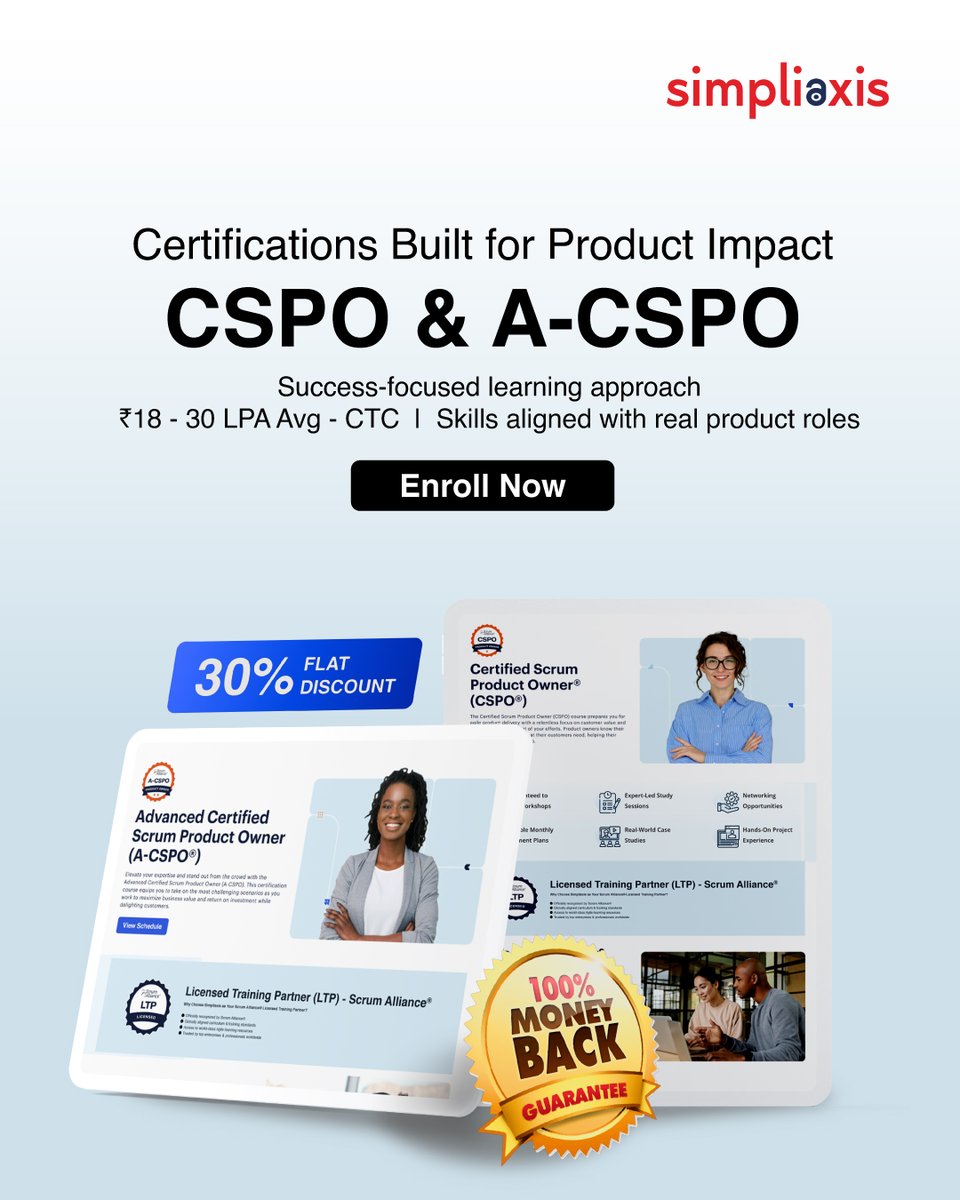 Ready to Own the Product, Not Just the Process?
CSPO® &amp; A-CSPO® certifications are built for real product impact — not just theory.
💼 ₹18–30 LPA Avg CTC
🎯 Skills aligned with real-world Product Owner roles
🔥 Flat 30% Discount + 100% Money-Back Guarantee

#cspo #agile