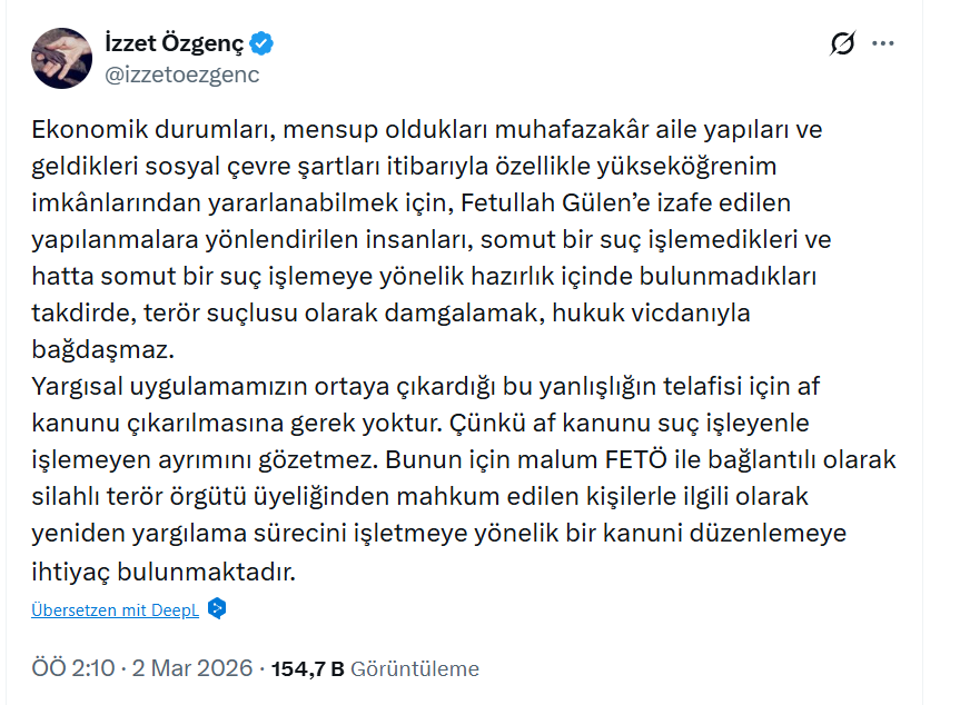 Malumun ilanı.
İzzet Hoca da "Af edilecek bir suç yok. Bu insanları yeniden yargılayın ve masumiyetlerini ilan edin!" aşamasına gelmiş.
AİHM'nin verdiği binlerce karar daha da vereceği on binlerce karar karşısında kim başka ne diyebiir ki?