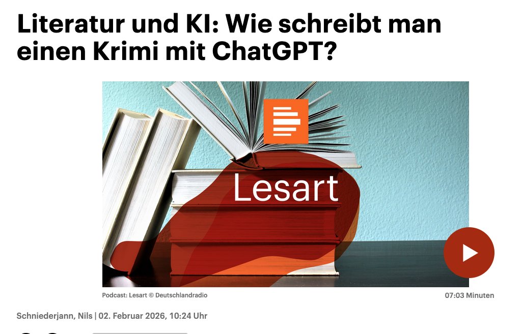 Wie halten's Autorinnen und Autoren eigentlich mit der KI? Dazu gab's eine Folge im »Lesart«-Podcast, bei dem auch die Fantasy-Autorin Juri Pavlovic zu Wort kam. Anhörenswert, finde ich!

Hier ist mein Text im Blog dazu:

enpunkt.blogspot.com/2026/02/ki-aut…