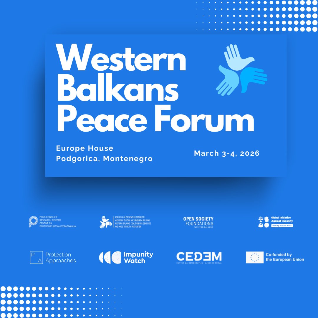 PCRCBiH's tweet photo. ⚖️ There is no complete justice if victims are not in its focus, which is true especially in post-conflict societies in which judicially established facts are the only path to real and sustainable peace.

That is why the last session of the #wbpeace Forum is dedicated to their role in post-conflict transition and peace. The panel will be addressed by

Agnes Picod, @UNHCRBiH

Elma Majstorić Ninković, @TheICMP

Klaudia Kuljuh, @Trial 🇧🇦

Mehmet Musaj, @QKRMT

Moderation: Karlotta Hein, intern at the Post-Conflict Research Center / @KingsCollegeLon

#victims #PeaceForum #WesternBalkans #RegionalCooperation #wbpeace #peace #EUSecurity