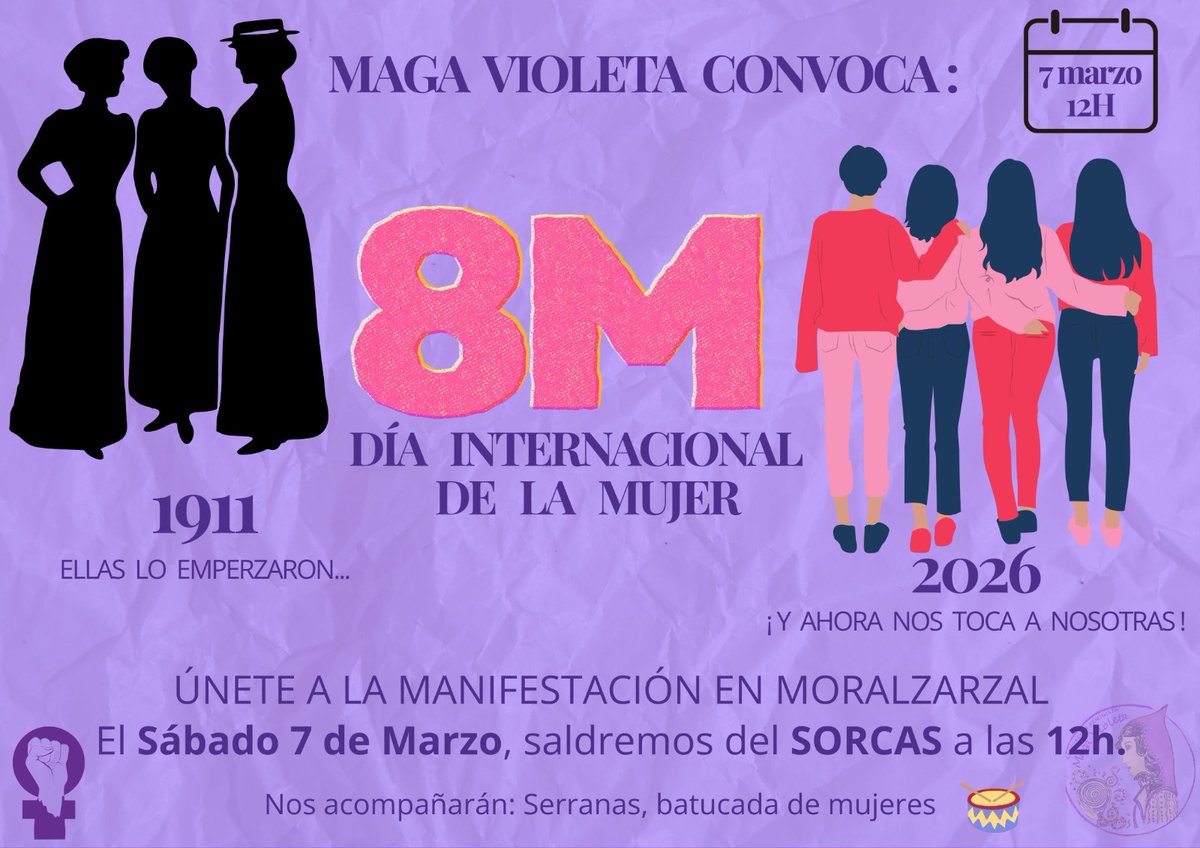 🔮Este sábado 7 de marzo, salimos a las calles de #Moralzarzal para decir alto y claro que la desigualdad tiene nombre de mujer.  Trabajos de cuidados no remunerados, brecha salarial y precariedad en sectores feminizados. Esto también es violencia estructural. #8M2026