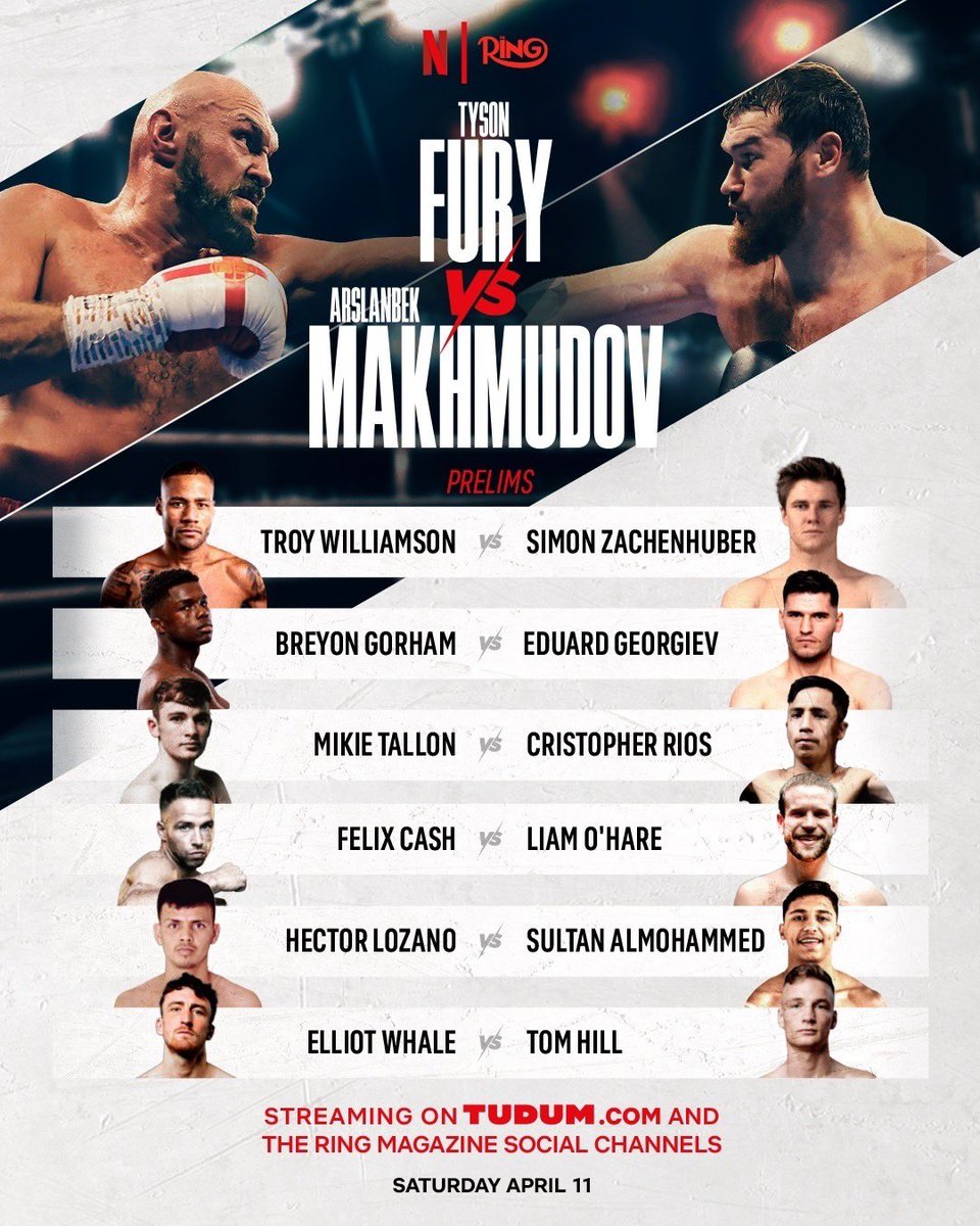 IFLTV's tweet photo. FURY VS MAKHMUDOV UNDERCARD ANNOUNCED ‼️

The full undercard for @Tyson_Fury vs Arslankbek Makhmudov on April 11th has been confirmed 📋

🥊 @ConorNigel 🆚 @RPrograis 
🥊 @JeamieTkvBoxing 🆚 @R_Riakporhe 
🥊 @BigFrazeBoxer 🆚 @justisjphhuni 
🥊 @TroyWilliamson_ 🆚 Simon Zachenhuber 
🥊 @FelixCashboxer 🆚 Liam O'Hare
🥊 Elliot Whale 🆚 Tom Hill
🥊 Hector Lozano 🆚 Sultan Almohammed
🥊 Mikie Tallon 🆚 Cristopher Rios
🥊 Breyon Graham 🆚 Eduard Georgivev

Solid 👏🏼

#FuryMakhmudov | #BoxingNews