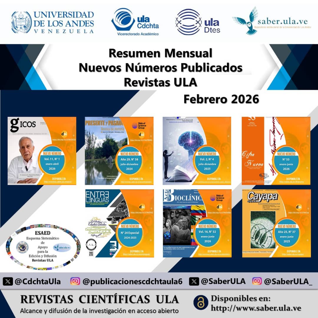 SaberULA's tweet photo. Resumen Mensual Nuevos Números Publicados Revistas ULA. Febrero 2026.  @ULA_DTES @PrensaULA @rectoradoula @CdchtaUla @CDCHTA @revistasve https://t.co/0kwJIqcF11