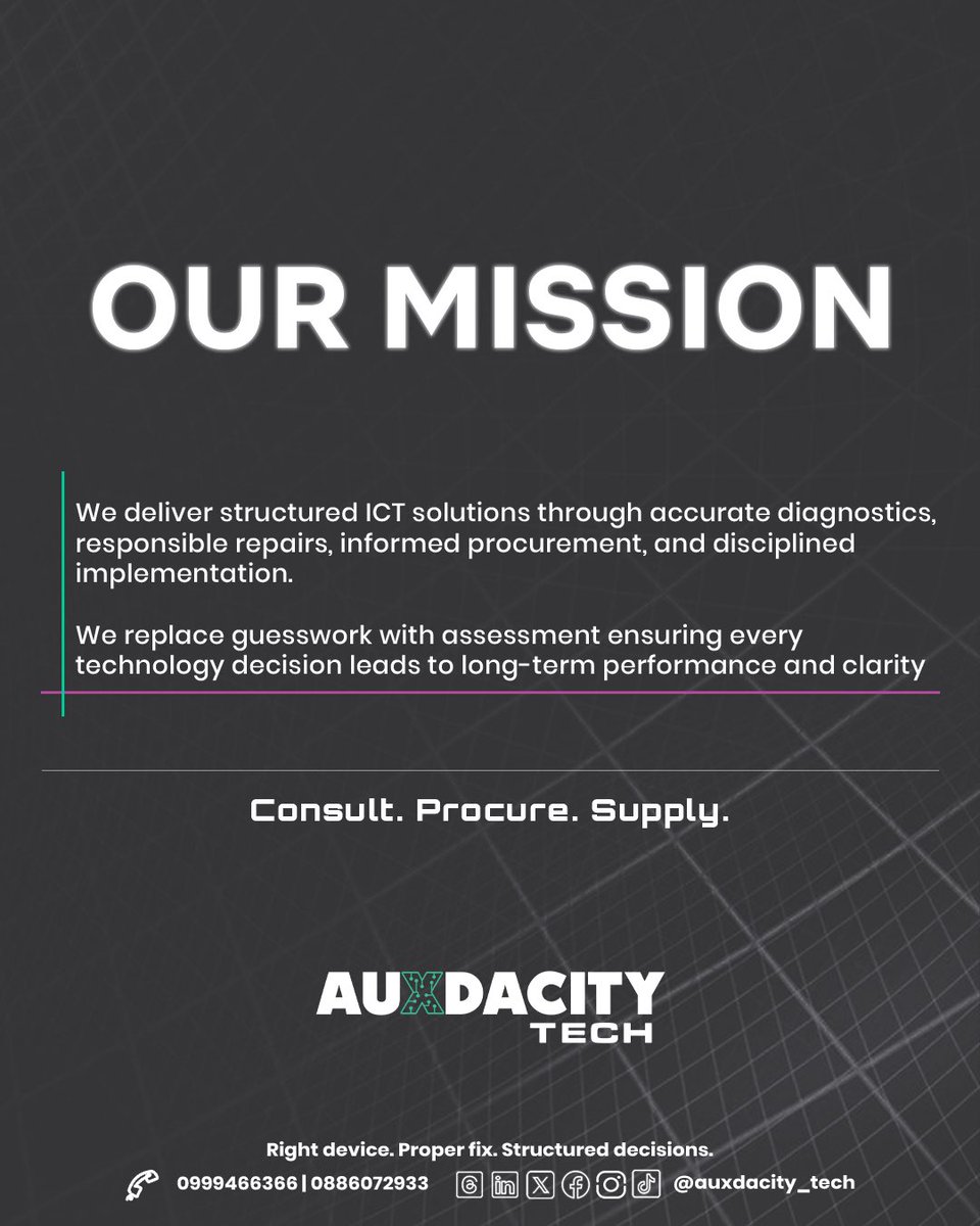 Auxdacity_Tech's tweet photo. No rushed tech decisions.
No guesswork.

Diagnostics. Responsible repairs. Informed procurement.

Structured solutions built for long-term performance.

Consult. Procure. Supply. https://t.co/eqYXzsmsEv