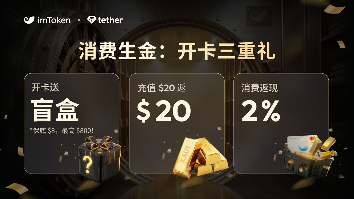 🟡 黄金大派送 · 消费生金

💳 imToken Card｜开卡三重礼 🎁

🧈 开卡送 8U- 800U 等值 XAUt
💰 充值 20U 返 20U
🛍️ 消费 2% 返现

🔁 转发本推
🧧 抽 10 人瓜分 100U 🧈

开卡、充值、消费，步步生金 ✨

立即参与👉web.token.im/my-rewards?utm…
