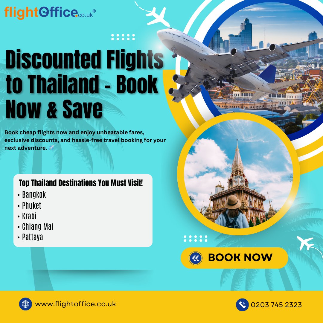 flightofficeuk's tweet photo. 🇹🇭✈️ Discounted Flights to Thailand – Book Now &amp; Save!

Dreaming of Bangkok’s vibrant streets, Phuket’s stunning beaches, or Krabi’s island adventures? Now’s the perfect time to fly for less! 🌴🌊

📞 Call us today: 0203 745 2323
🌐 Visit: https://t.co/o3sTk3ZlcP https://t.co/53THhLumCU