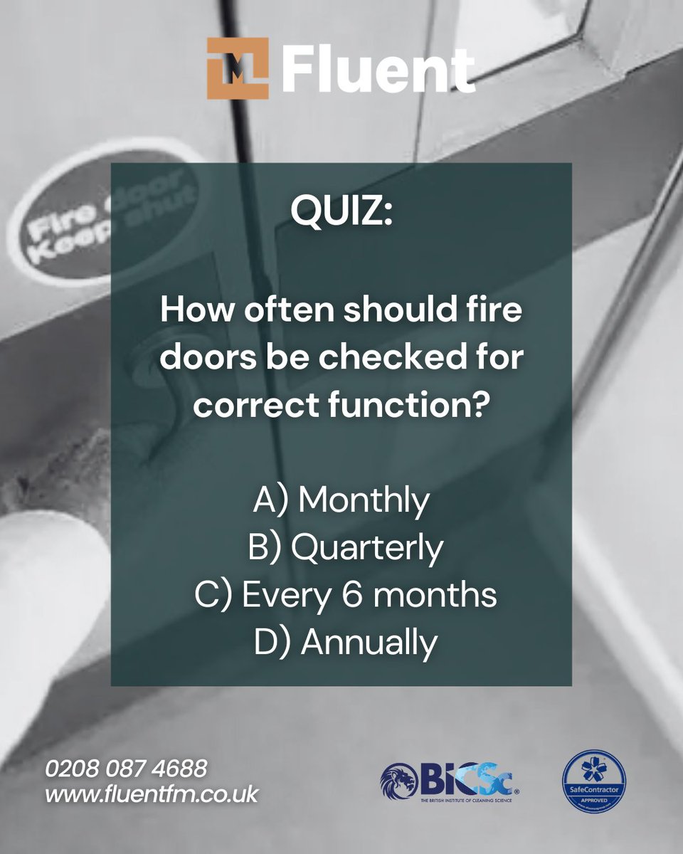 fluent_ltd's tweet photo. QUIZ TIME!

Comment either 'A', 'B', 'C' or 'D' down below, and we will reveal the correct answer in a couple of days' time.

#FacilitiesManagement #FireDoors #FireSafety #WorkplaceSafety #PropertyManagement https://t.co/3iLNArhXVJ