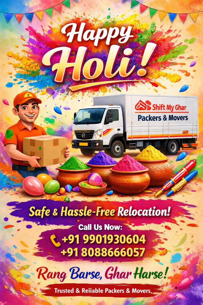 shiftmyghar's tweet photo. Wishing you and your family a bright and joyful Holi.

May this festival of colors bring new beginnings, fresh energy, and happiness that stays long after the colors fade. May your home be filled with laughter, warmth, and moments worth celebrating.
#packersmovers #HappyHoli https://t.co/AN3faX34Xk