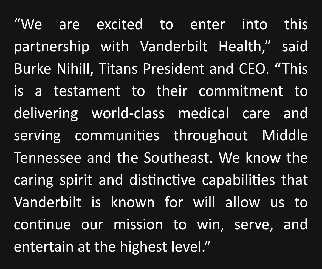 TDavenport_NFL's tweet photo. The #Titans have formed a partnership with Vanderbilt Health who will now be the team and Nissan Stadium's Official Healthcare Provider. The Titans  team headquarters and practice facility will be renamed as the Vanderbilt Health Football Center. https://t.co/dwFR5U4AXa