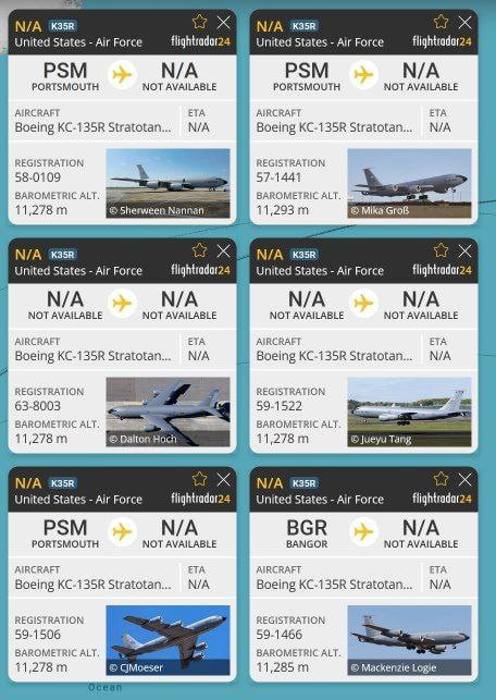 CaratContent's tweet photo. 💢  ||  عـــاجل

تتوجه الآن 6 طائرات أمريكية مخصصة للتزويد بالوقود من طراز KC-135R نحو الشرق الأوسط.

🇺🇸 https://t.co/tF0uCTBTAL