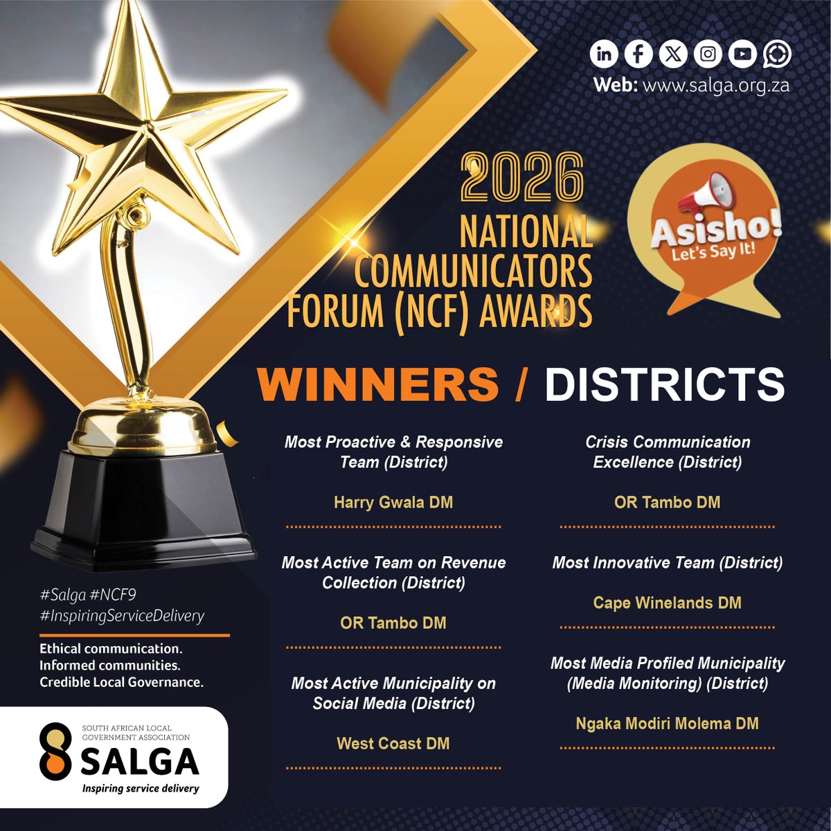 SALGA_Gov's tweet photo. Congratulations to all Winners of the 2026 National Communicators Forum (NCF) Awards!
Your excellence in municipal communication continues to inspire ethical governance and stronger communities.
#SALGA #NCF9 #InspiringServiceDelivery https://t.co/DsM3pm8rDQ