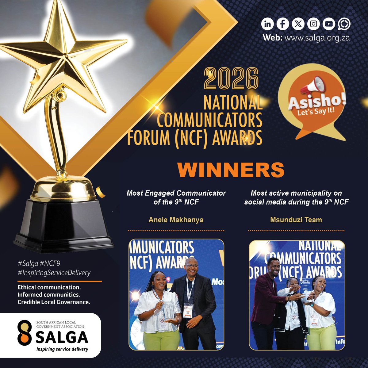 SALGA_Gov's tweet photo. Congratulations to all Winners of the 2026 National Communicators Forum (NCF) Awards!
Your excellence in municipal communication continues to inspire ethical governance and stronger communities.
#SALGA #NCF9 #InspiringServiceDelivery https://t.co/DsM3pm8rDQ