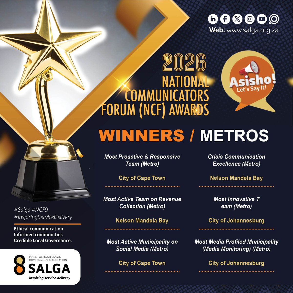 SALGA_Gov's tweet photo. Congratulations to all Winners of the 2026 National Communicators Forum (NCF) Awards!
Your excellence in municipal communication continues to inspire ethical governance and stronger communities.
#SALGA #NCF9 #InspiringServiceDelivery https://t.co/DsM3pm8rDQ