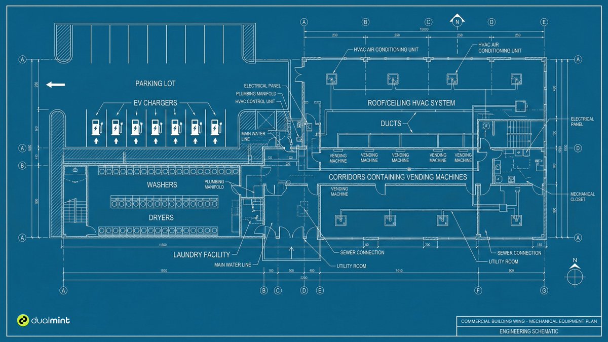 Most people see a laundromat.
We see a huge hidden economy.

Behind every boring building, there's more than one revenue stream waiting to be captured ↓

→ Washing machines washing clothes nonstop
→ The vending machine feeding everyone with their snacks
→ AC keeping the space