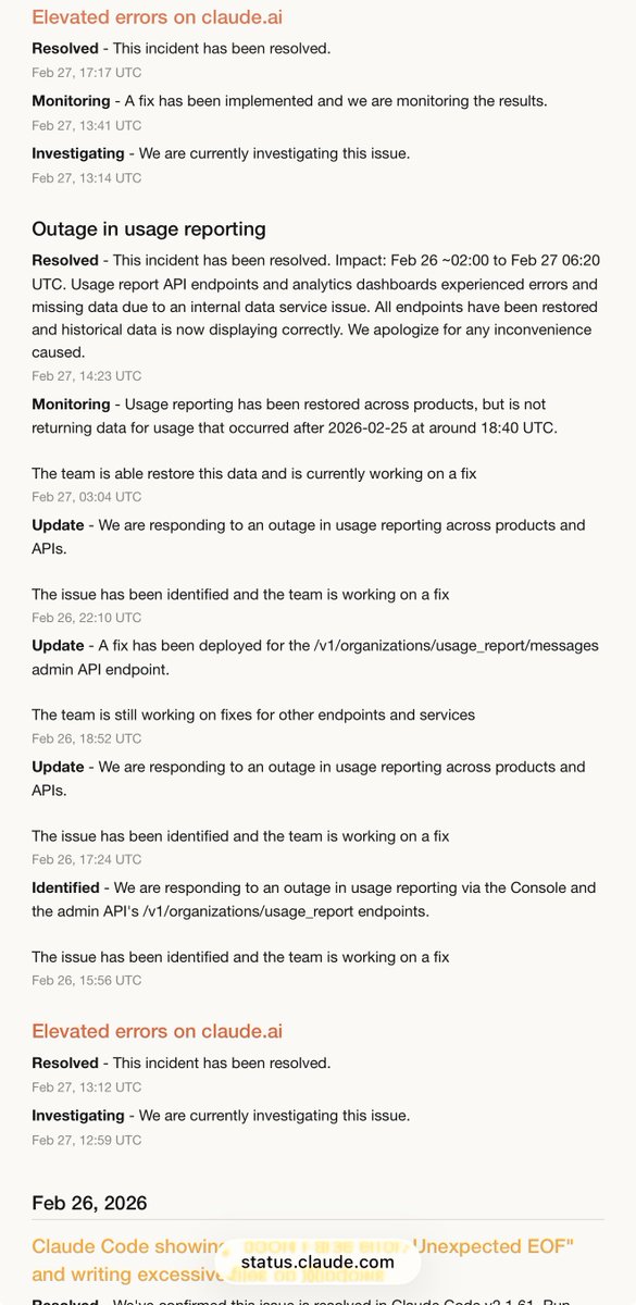 justinmeans's tweet photo. .@AnthropicAI @claudeai has an outage almost every day this past week. Atrocious status page. CLI continues to degrade, increase in amnesia, and just when you’re about to finish something, boom: API error (server 500). 

It’s been a rough past month for Claude users and isn’t cheap to pay for. Contrast to January when everything was awesome. Can we at least get some extra tokens or a usage reset please? CC @bcherny and co 🙏🏻