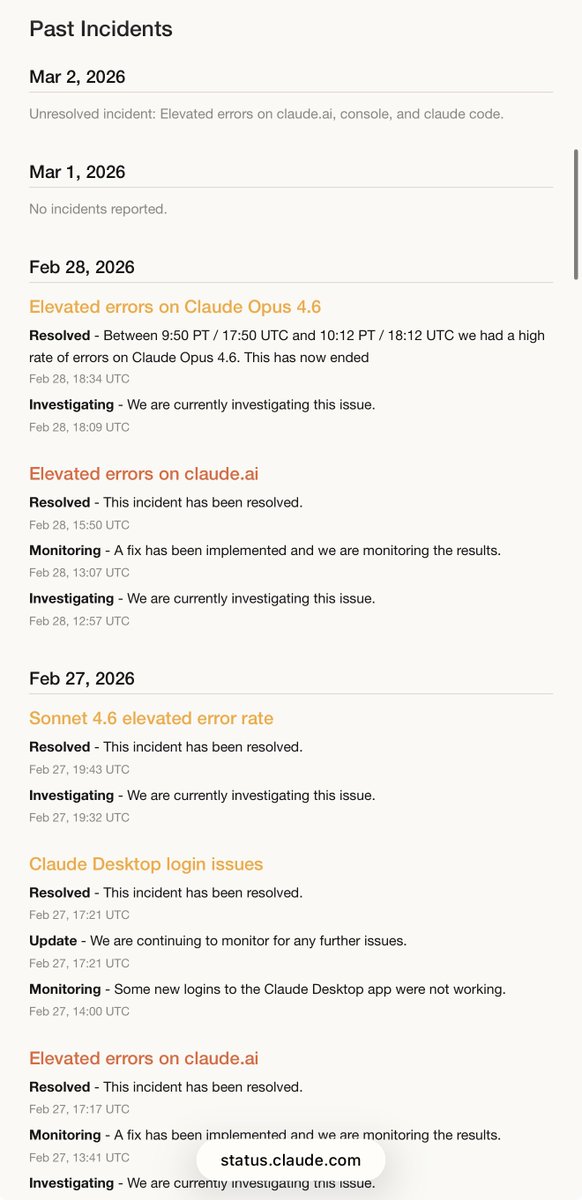 justinmeans's tweet photo. .@AnthropicAI @claudeai has an outage almost every day this past week. Atrocious status page. CLI continues to degrade, increase in amnesia, and just when you’re about to finish something, boom: API error (server 500). 

It’s been a rough past month for Claude users and isn’t cheap to pay for. Contrast to January when everything was awesome. Can we at least get some extra tokens or a usage reset please? CC @bcherny and co 🙏🏻
