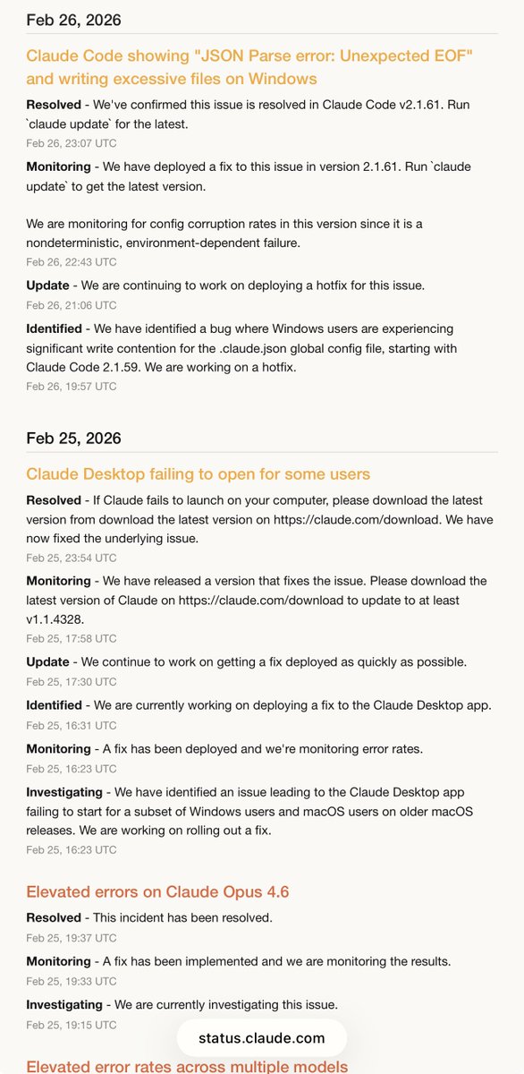 justinmeans's tweet photo. .@AnthropicAI @claudeai has an outage almost every day this past week. Atrocious status page. CLI continues to degrade, increase in amnesia, and just when you’re about to finish something, boom: API error (server 500). 

It’s been a rough past month for Claude users and isn’t cheap to pay for. Contrast to January when everything was awesome. Can we at least get some extra tokens or a usage reset please? CC @bcherny and co 🙏🏻