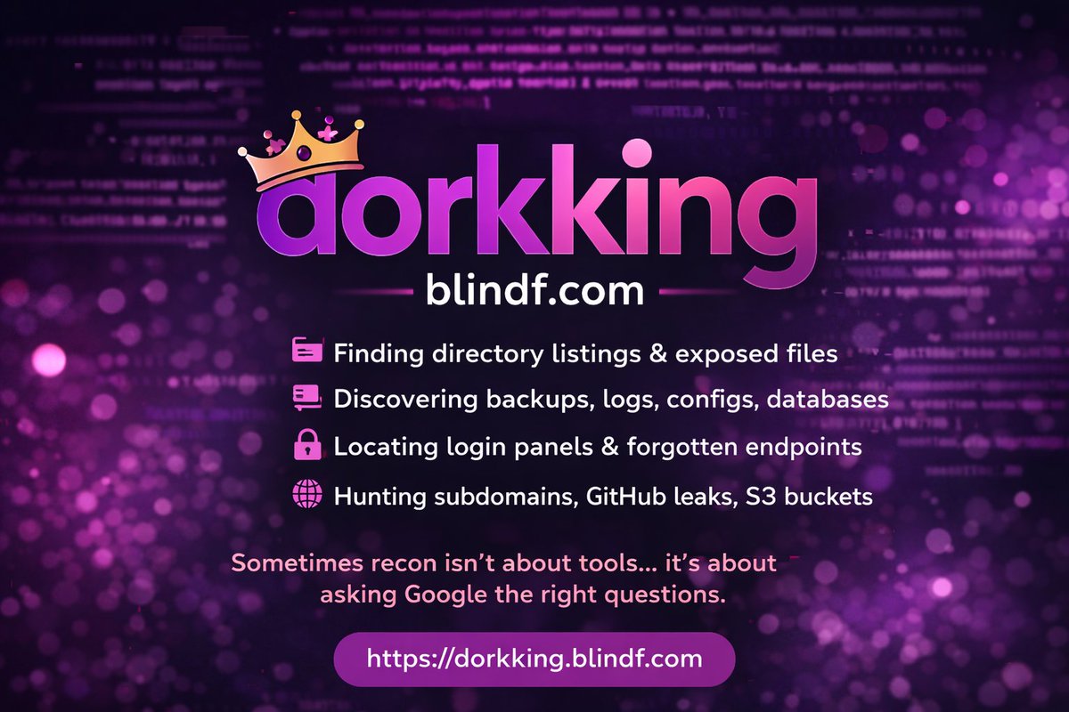 obscaries's tweet image. Just tried Dork King and it’s actually a pretty handy recon companion 🔎

Instead of remembering dozens of Google dorks, it lets you click and instantly search for a target. Super useful during passive recon.

Source: dorkking.blindf.com

#BugBounty #Recon #OSINT